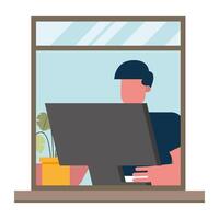 Man with computer working from home window vector design