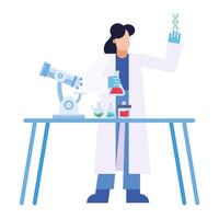 chemist woman with microscope dna flasks at desk vector design