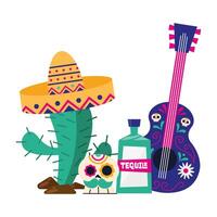 cactus mexicano con sombrero cráneo tequila y guitarra diseño vectorial vector