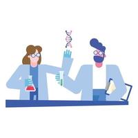 chemist man and woman with flask tube and dna at desk vector design