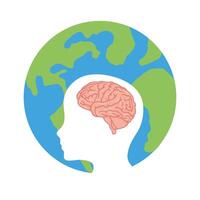 head in profile with human brain and planet earth vector