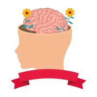 head in profile with human brain and flowers vector