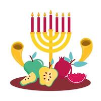 fresh fruits and menorah icons vector