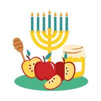 tarro de miel dulce con menorah y manzanas vector