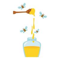 honey on wooden spoon with bees flying around honey jar vector