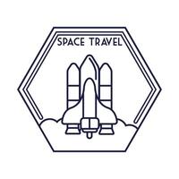 space hexagon badge with spaceship flying line style vector