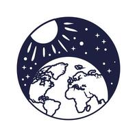 space badge with earth planet and sun line style vector