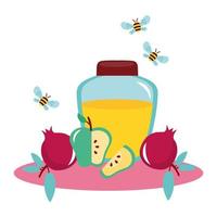 miel en tarro con frutas y abejas volando vector