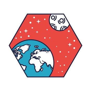 space badge with earth planet and moon line and fill style vector