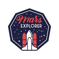 space badge with spaceship flying and mars explore lettering line and fill style vector