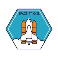 space hexagon badge with spaceship flying line and fill style vector