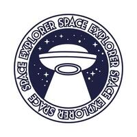 space badge with ufo flying and space explorer lettering line style vector