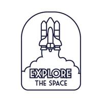 space badge with spaceship flying and explore the space lettering line style vector