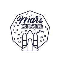 space badge with spaceship flying and mars explorer lettering line style vector