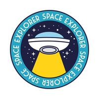 space badge with ufo flying and space explorer lettering line and fill style vector