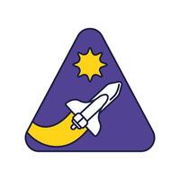 space triangular badge with spaceship flying line and fill style vector