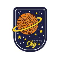 insignia espacial con el planeta saturno y observe la línea de letras del cielo y el estilo de relleno vector