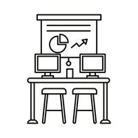 coworking workplace with statistics and desktops line style icon vector