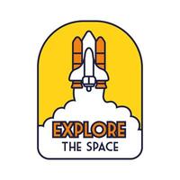 space badge with spaceship flying and explore the space lettering line and fill style vector