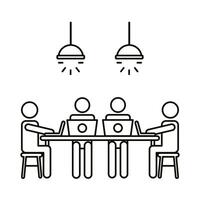 four workers at table with laptops line style icon vector