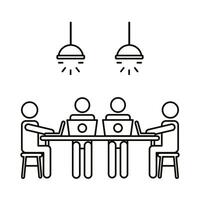 four workers at table with laptops line style icon vector