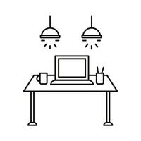 workplace with laptop on table line style icon vector