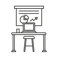 coworking workplace with statistics and laptop line style icon vector