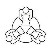 three workers at round table coworking line style icon vector