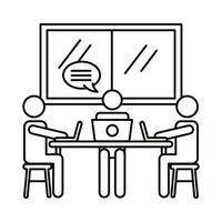 three workers with laptops and speech bubble line style icon vector