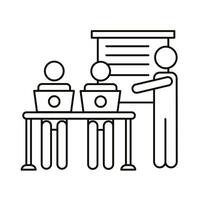 three workers with laptops in the office line style icon vector