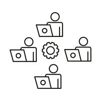 four workers with laptops and gear line style icon vector