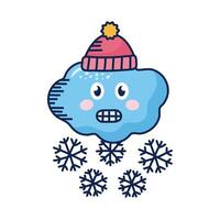 nube kawaii con copos de nieve y gorro de invierno vector