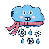 nube kawaii con bufanda con copos de nieve personaje cómico vector