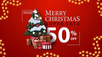 Christmas super sale, up to 50 off, red modern discount banner with beautiful typography, garland and Christmas tree in a pot with gifts vector