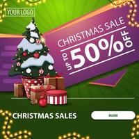 Christmas sales, up to 50 off, green and pink square web banner with button, garland and Christmas tree in a pot with gifts vector