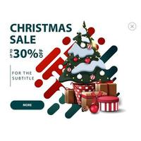 Christmas sale, up to 30 off, white discount pop up for website with abstract shapes in red and green colors and Christmas tree in a pot with gifts vector