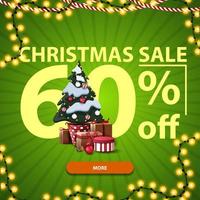 Christmas sale, up to 60 off, green discount banner with Large numbers, button, garland and Christmas tree in a pot with gifts vector