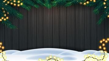 Christmas background, wooden fence of boards with frame of Christmas tree branches, garland of yellow bulb lights and snow on floor vector