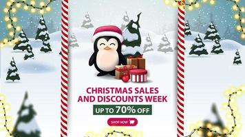 Christmas sales and discounts week, up to 70 off, beautiful discount banner with penguin in Santa Claus hat with presents and cartoon winter landscape on background vector