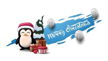 Merry Christmas, modern postcard with white balloons and penguin in Santa Claus hat with presents. Blue torn banner isolated on white background. vector