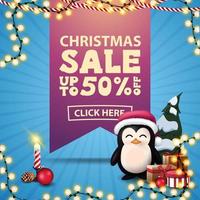 Christmas sale, up to 50 off, square blue discount banner with large pink ribbon with offer, garlands, candle and penguin in Santa Claus hat with presents vector