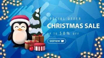 Special offer, Christmas sale, up to 50 off, blue discount banner with garland, abstract shape, polygonal texture and penguin in Santa Claus hat with presents vector