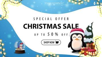 Special offer, Christmas sale, up to 50 off, blue and white discount banner with smooth lines, snow globe with snowmen inside and penguin in Santa Claus hat with presents vector