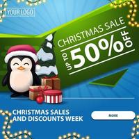 Christmas sales and discounts week, up to 50 off, blue and green bright modern web banner with button, garland and penguin in Santa Claus hat with presents vector