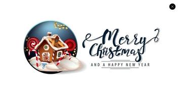 Merry Christmas, white card for website in minimalistic style with beautiful lettering and Christmas gingerbread house vector