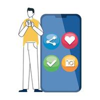 man and smartphone with social media icons, concept of online communication on white background vector