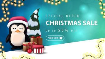 Special offer, Christmas sale, up to 50 off, blue discount banner with blurred background with bokeh and penguin in Santa Claus hat with presents vector