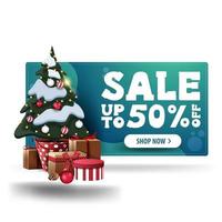 Banner 3d de descuento de Navidad verde, hasta 50 de descuento, con botón blanco y árbol de Navidad en una olla con regalos vector