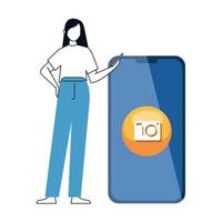 woman and smartphone with camera, concept of online communication and social media on white background vector