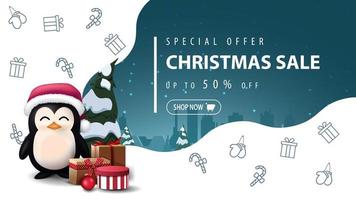 oferta especial, venta navideña, hasta 50 de descuento, hermoso banner de descuento blanco y azul con pingüino en sombrero de santa claus con regalos e íconos de líneas navideñas, imaginación espacial vector